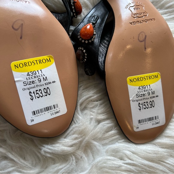 Ramon Tenza Black Leather Jeweled Lucretia Thong Heeled Sandals Size 9 M NEW - Picture 7 of 7